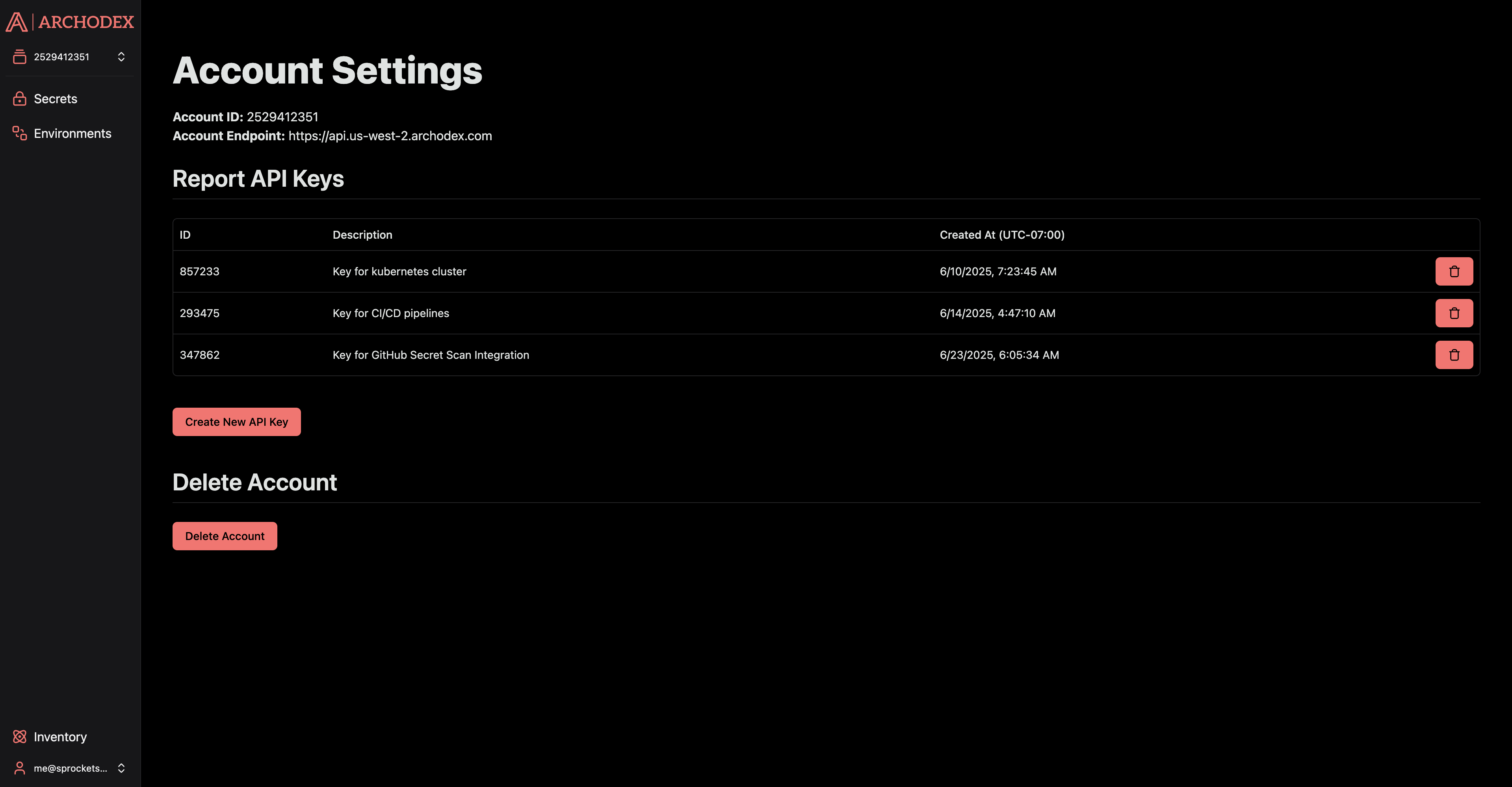 Screenshot of the Archodex Dashboard Account Settings page
