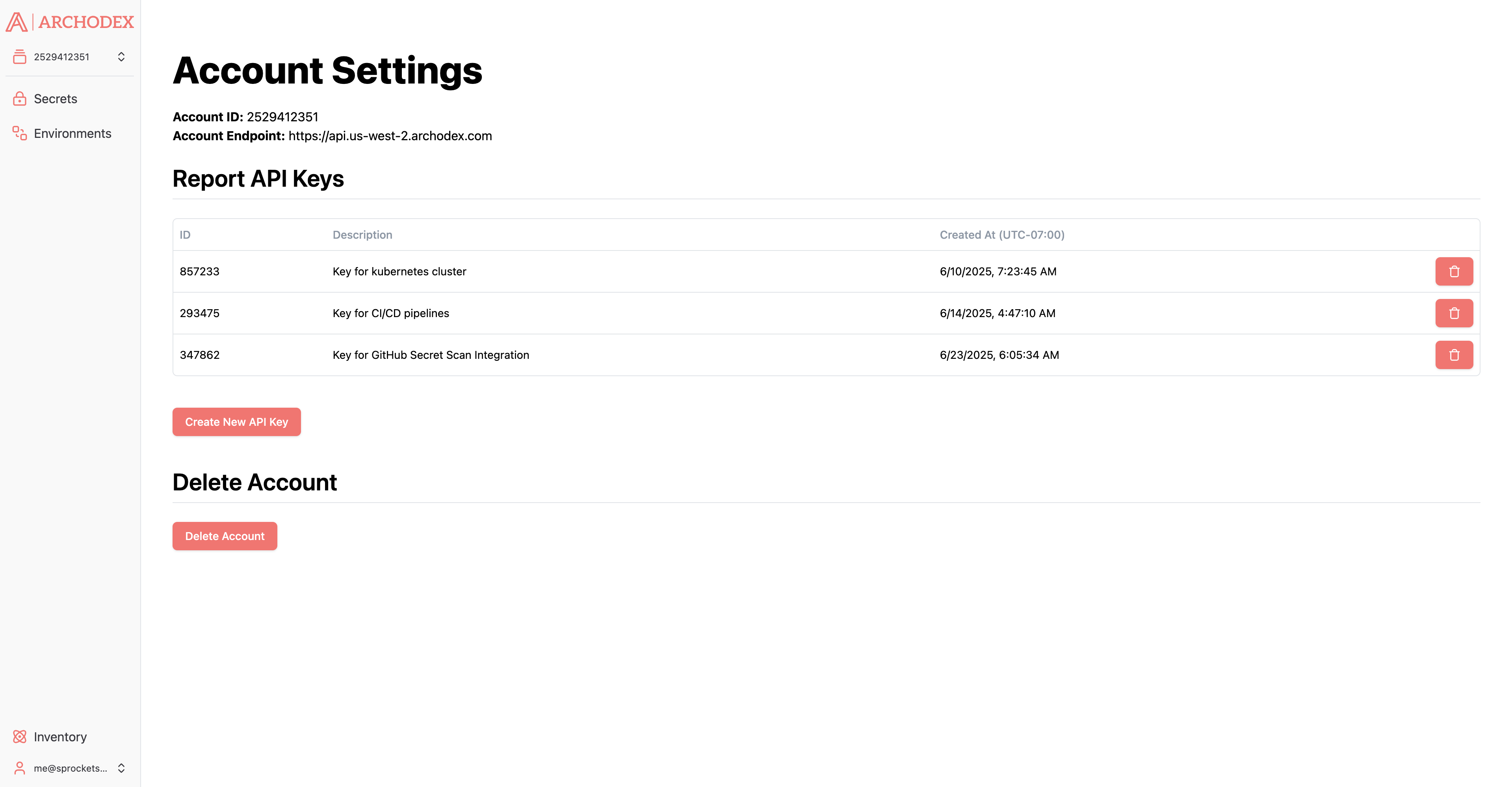 Screenshot of the Archodex Dashboard Account Settings page