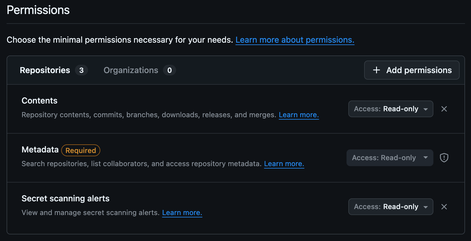 Screenshot of GitHub Secret Scanning API permissions